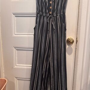 No Boundaries Black and White Vertical Stripe Wide-Leg Jumpsuit